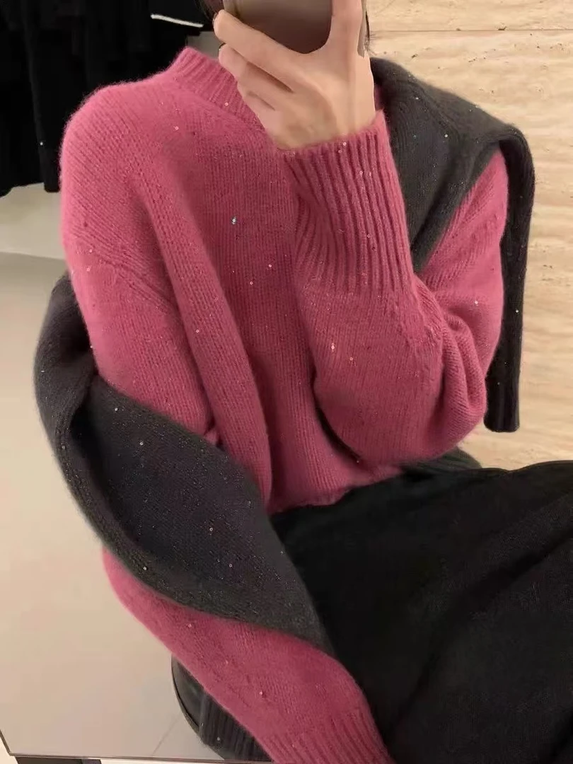 /星空冰莓粉/圆领亮片设计宽松慵懒百搭针织毛衣女CM85