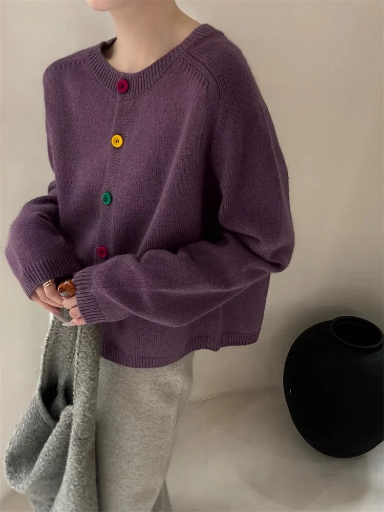 /彩扣咖紫开衫/圆领彩色扣气质简约高品针织开衫93605