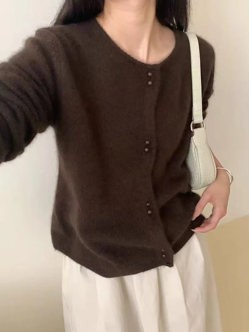 /枪棕开衫/复古圆领双扣高品质长袖针织开衫外套93609