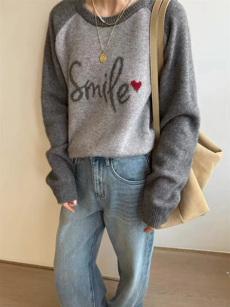 /爱心插肩/冬季字母提花拼色毛衣女慵懒风宽松保暖上衣93620