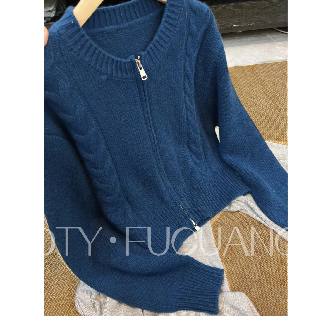 /克莱茵蓝拉链衫/麻花纹厚实软糯开衫女圆领双拉链毛衣 J05