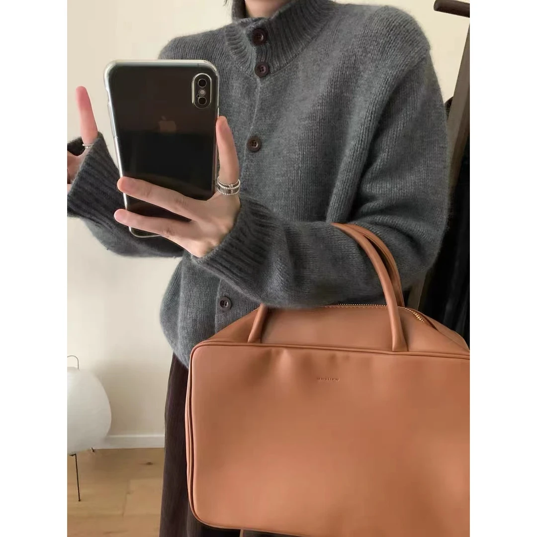 /竖领开衫/灰色半高领毛衣外套女秋冬季卷边设计感开衫上衣Z1037