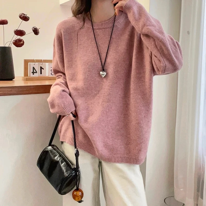 /玫瑰粉套头/软糯纯色宽松软糯毛衣女套头 衣长62 胸围62 93685