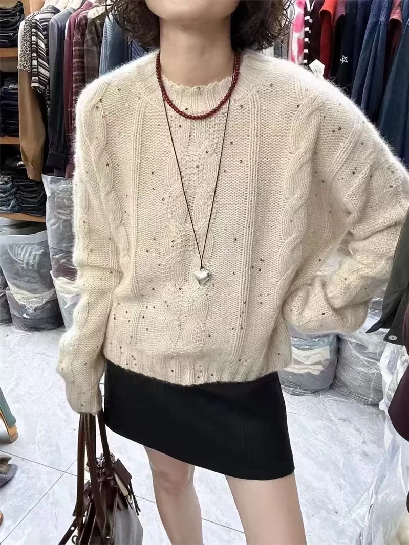 /奶油白双麻花/亮片麻花纹柔软长袖圆领毛衣女CM79