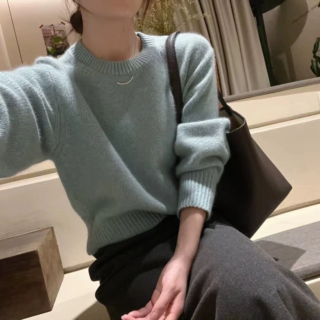 /银河蓝套头/新款百搭圆领宽松纯色针织衫毛衣女93695