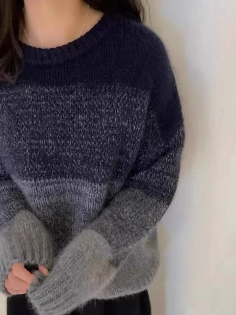 /藏青套头/圆领拼色渐变加厚慵懒风针织衫套头 CM22