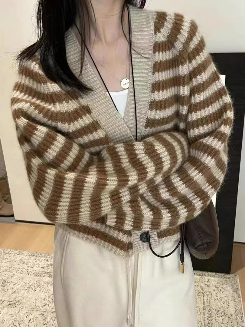 /奶咖条纹开衫/撞色条纹V领休闲好穿长袖针织开衫19072