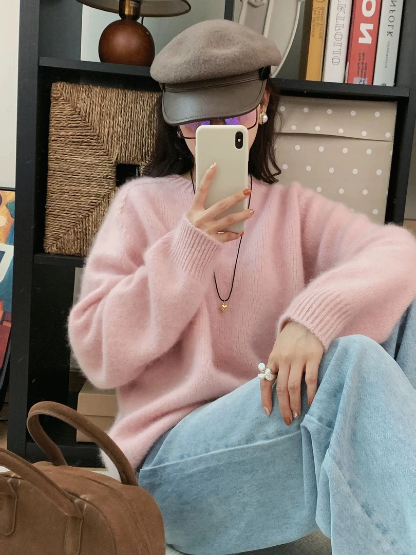 /花粉亮丝套头/圆领加厚针织打底套头宽松纯色毛衣冬93732