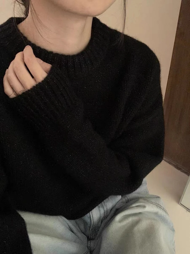 /星空/ 星空黑细闪圆领套头毛衣针织衫秋冬新款上衣女Z1011