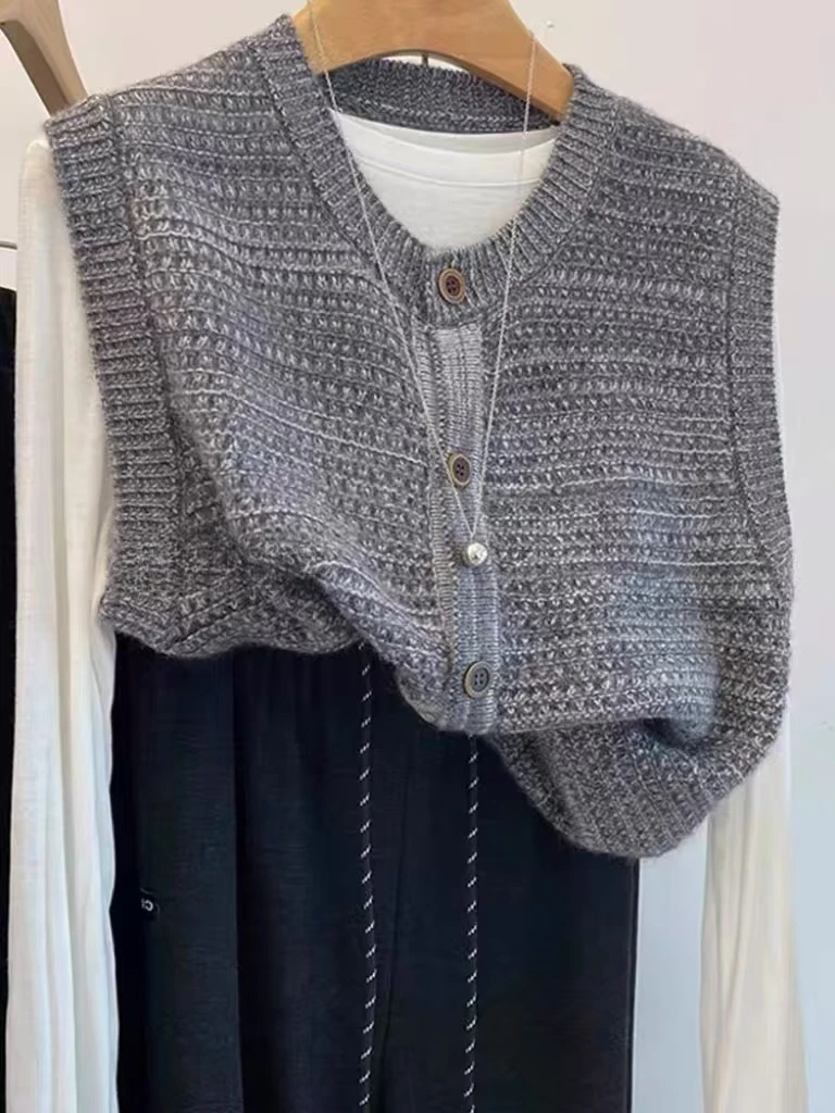 /杂灰元宝马甲/重工编织感圆领小香风针织背心马甲93603