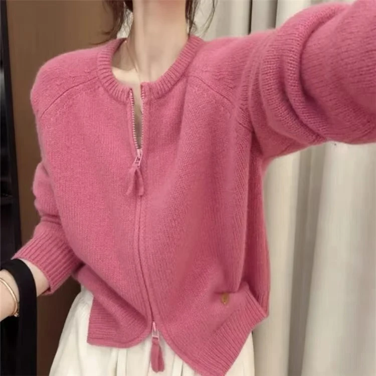 /苏梅粉拉链衫/圆领双拉链小个子加厚粗针长袖针织开衫女CM69