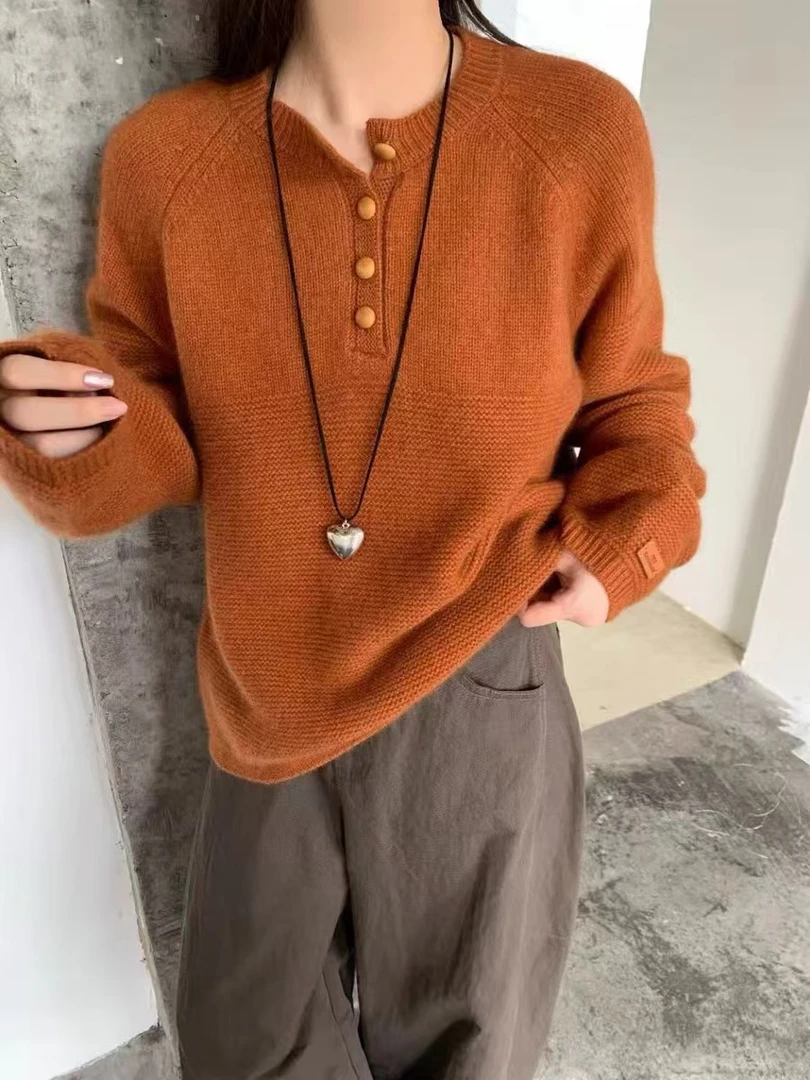 /木扣南瓜橘/半开扣圆领洋气时尚毛衣女插肩袖针织衫CM65