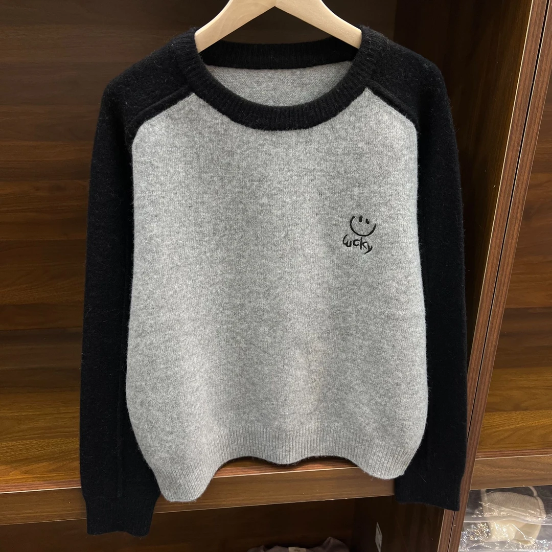 /笑一个/撞色插肩针织毛衣打底衫秋冬减龄拼色显瘦上衣女93372