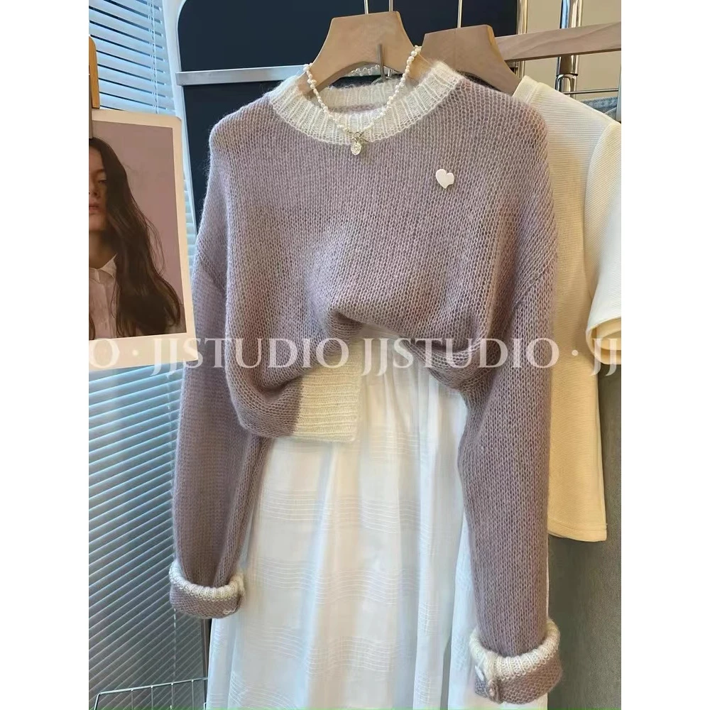 /浅紫色小爱心/简约拼色宽松短款马海毛毛衣女春针织衫上衣93026