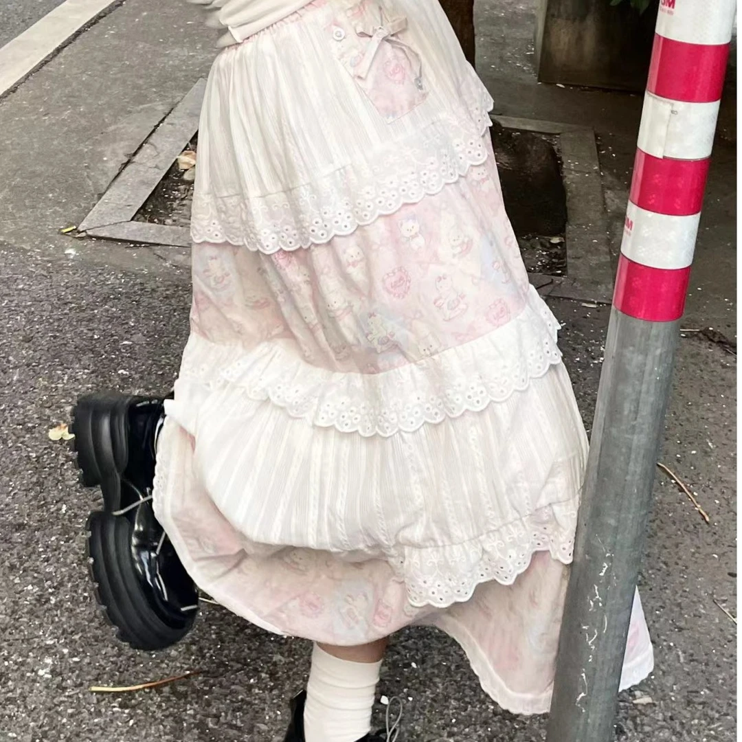 春秋夏季日常复古日系甜美可爱拼接古着纯棉刺绣辅料显瘦女半身裙