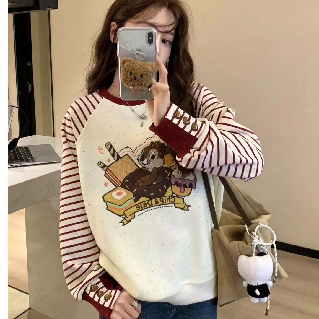 冬款加绒【奇奇蒂蒂】彩棉插肩条纹休闲宽松圆领卫衣