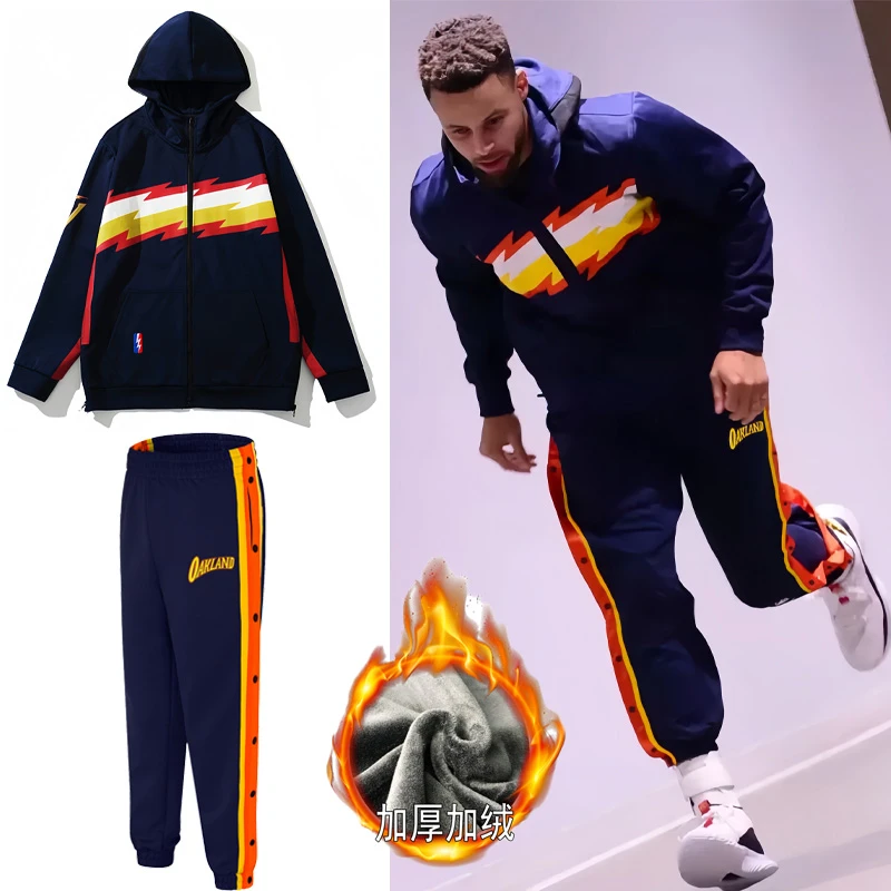 勇士队库里出场服排扣裤男中大童全开束脚裤美式篮球运动外套训练