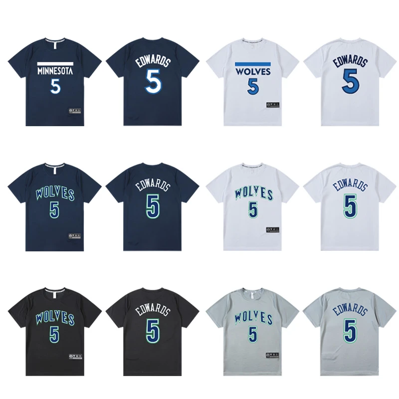 森林狼爱德华兹训练投篮服速干短袖 美式篮球运动健身休闲T恤夏季