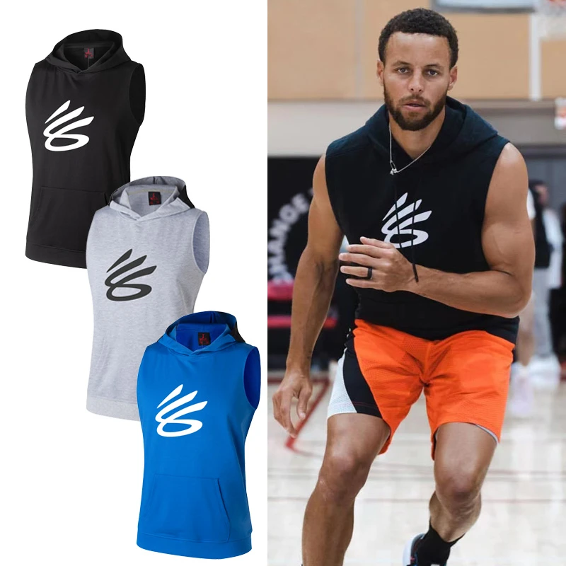 美式库里同款新logo无袖卫衣连帽背心男篮球训练投篮服运动套头衫