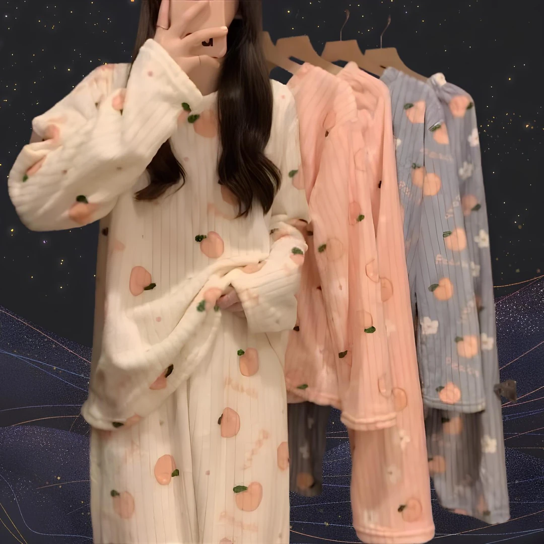女士加大码桃子款秋冬季珊瑚绒睡衣女套装加绒保暖学生家居服