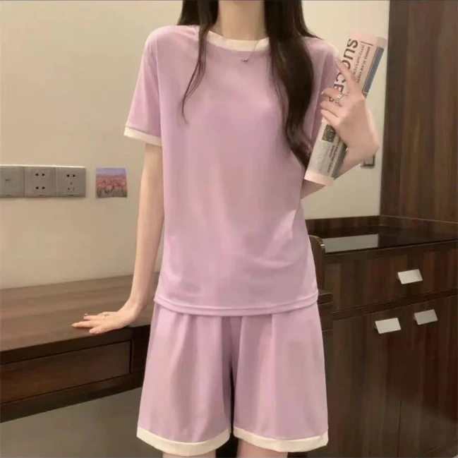 冰淇淋网红撞色夏季薄款睡衣女夏糖果色套装圆领短袖T恤短裤百搭