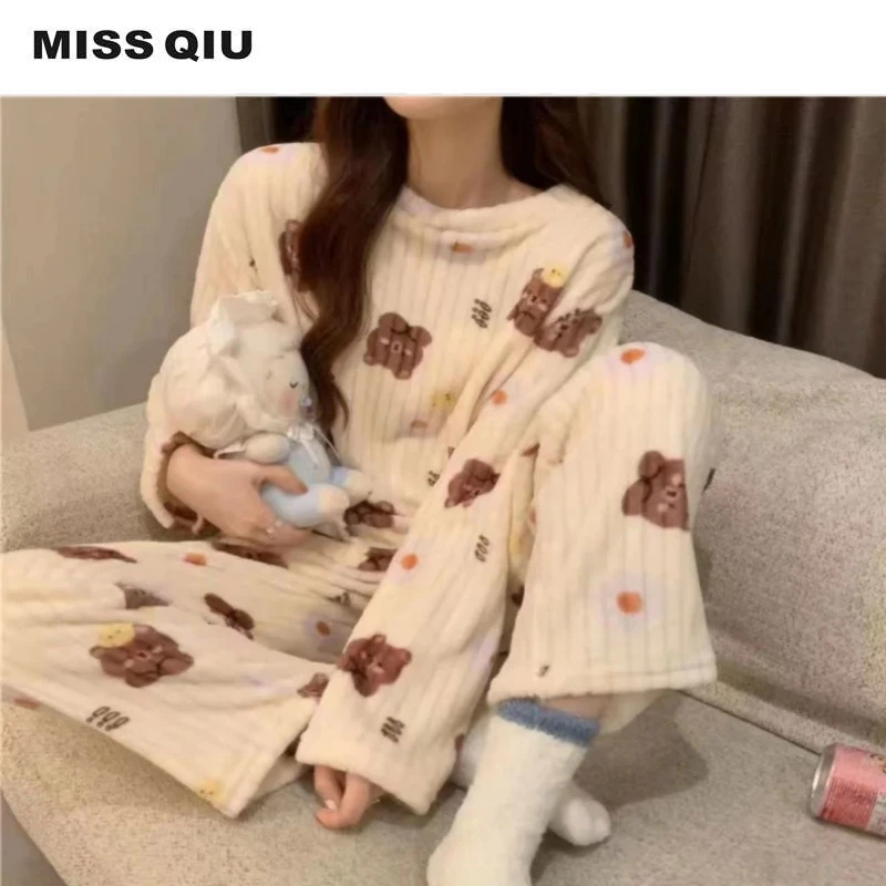 【M1528】可外穿保暖珊瑚绒睡衣女款加绒加厚居服套装长袖少女