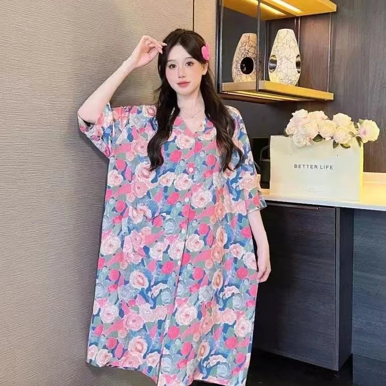 【油画红色睡裙】夏季加大加宽女款睡衣家居服薄款夏天必备宽松时尚