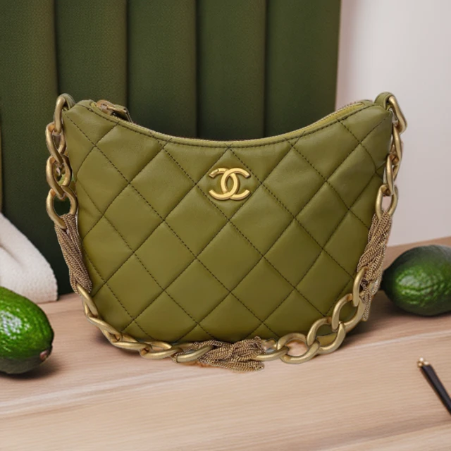 99新 Chanel/香奈儿 23A牛油果Hobo中号流苏链条包金色斜跨单肩