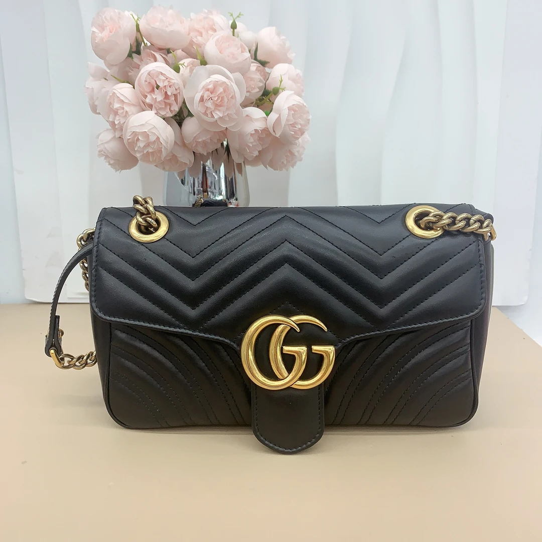 95新 GUCCI/古驰 奢物瑾选马蒙系列 26 黑金 04标翻盖单肩