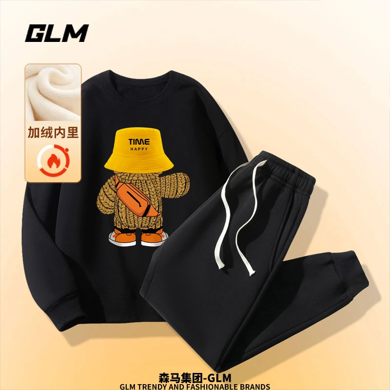 【运动套装】GLM冬季休闲时尚圆领卫衣长袖T恤加绒打底长裤子一整套