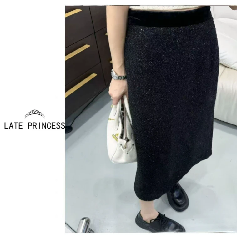 LATE PRINCESS 【耀黑女王】冬装新款亮片半身直筒裙中长款加绒加厚