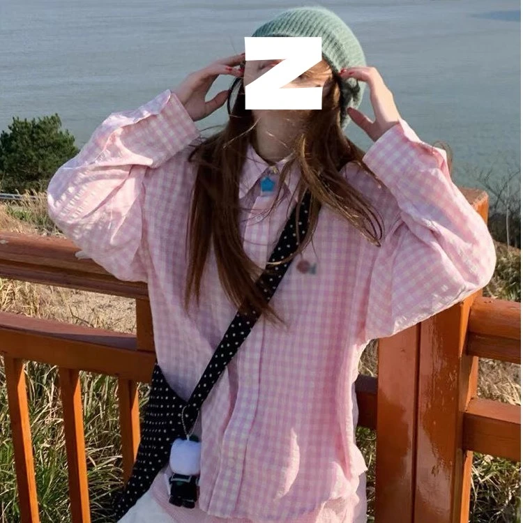 假两件秋冬格纹衬衫女宽松春季新款小众拼接设计感宽松长袖衬衣潮