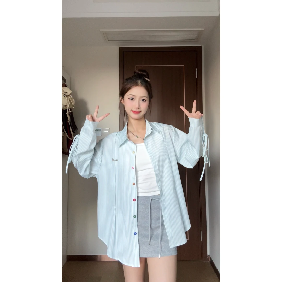 设计感小众别致系带彩色纽扣条纹衬衫女秋季长袖上衣春秋显瘦衬衣
