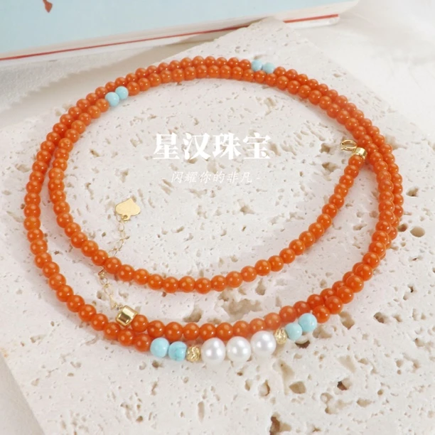 18K金 南红项链原矿绿松珍珠毛衣链 新中式古风设计款