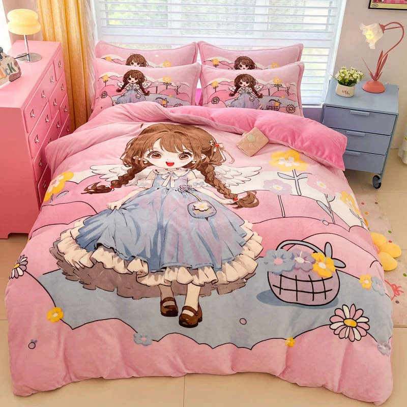 公主风可爱女孩冬季牛奶绒被套床单儿童加厚双面珊瑚绒法兰绒被罩
