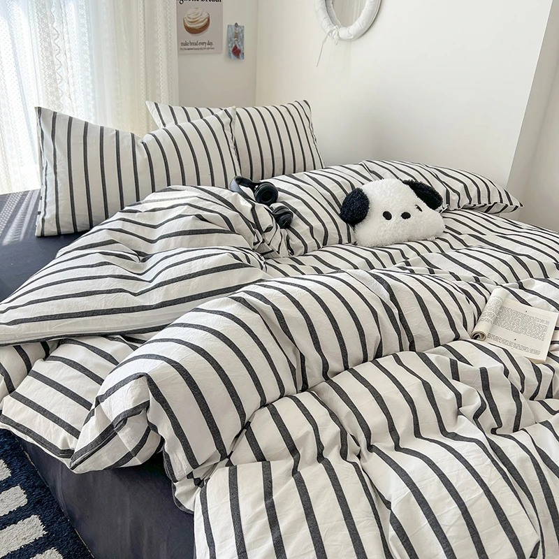 高颜值简约灰色条纹床上四件套双人床单被套学生宿舍三件套非全棉