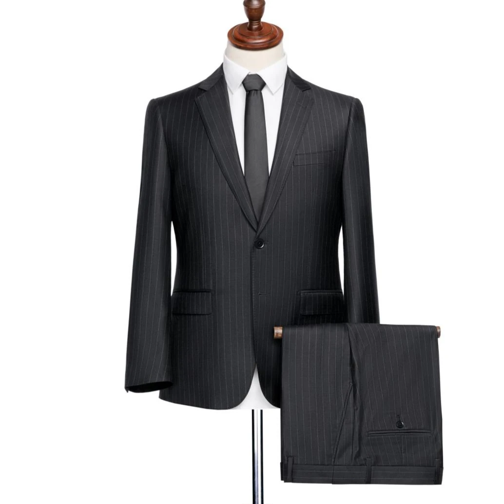 【100毛双开叉藏青条纹】半麻衬藏青暗条纹高奢高订西装套装