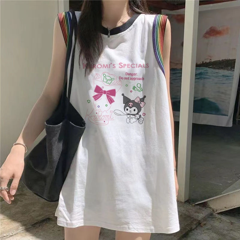 纯棉中长款无袖t恤坎肩多巴胺背心女外穿夏宽松休闲运动遮屁上衣