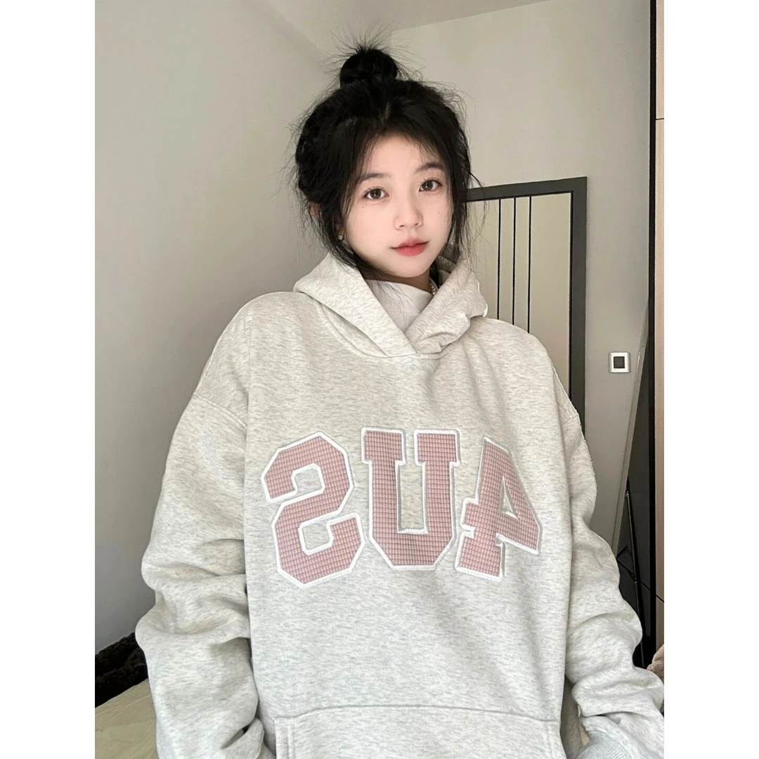 纯棉不起球刺绣慵懒风宽松遮屁连帽卫衣女秋冬加绒加厚垂坠感外套