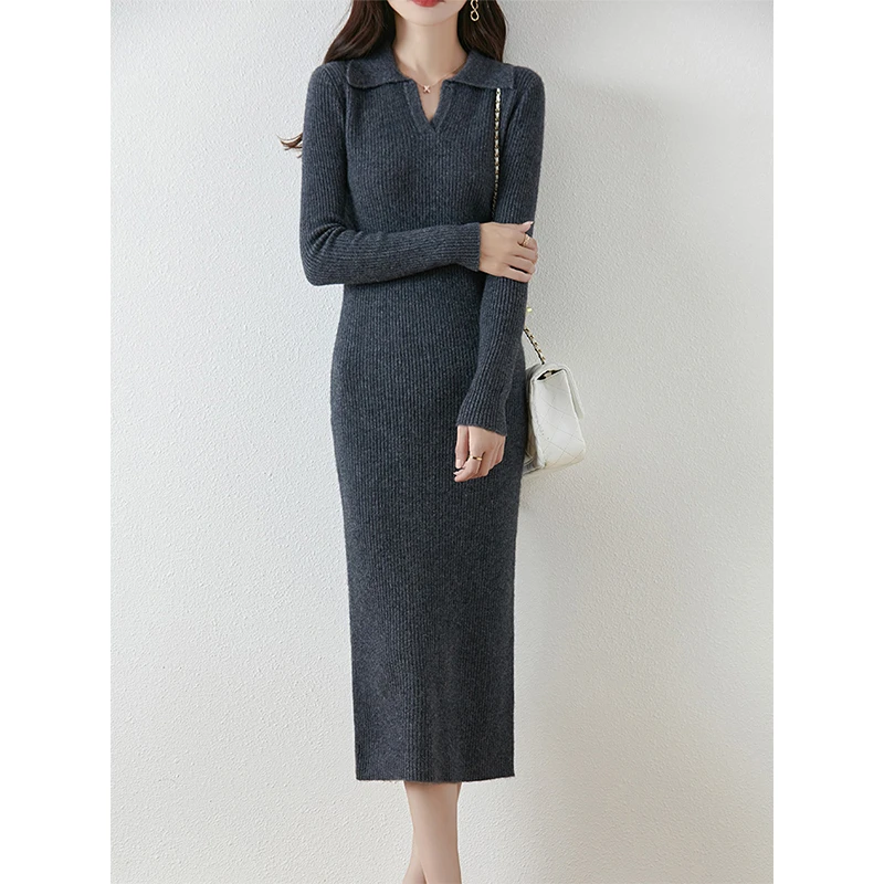 翻领纯羊毛长款连衣裙女秋冬款显瘦修身针织开叉打底裙过膝直筒裙