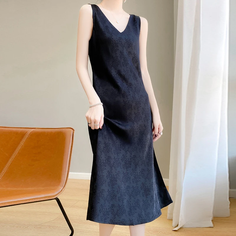 宽肩带提花V领内搭背心裙女士夏季无袖吊带连衣裙高端复古A字长裙