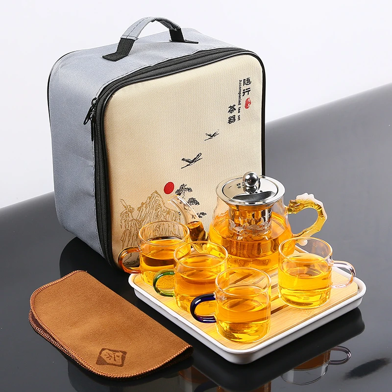 玻璃旅行茶具套装功夫泡茶壶家用茶盘礼品套装便携式活动户外收纳