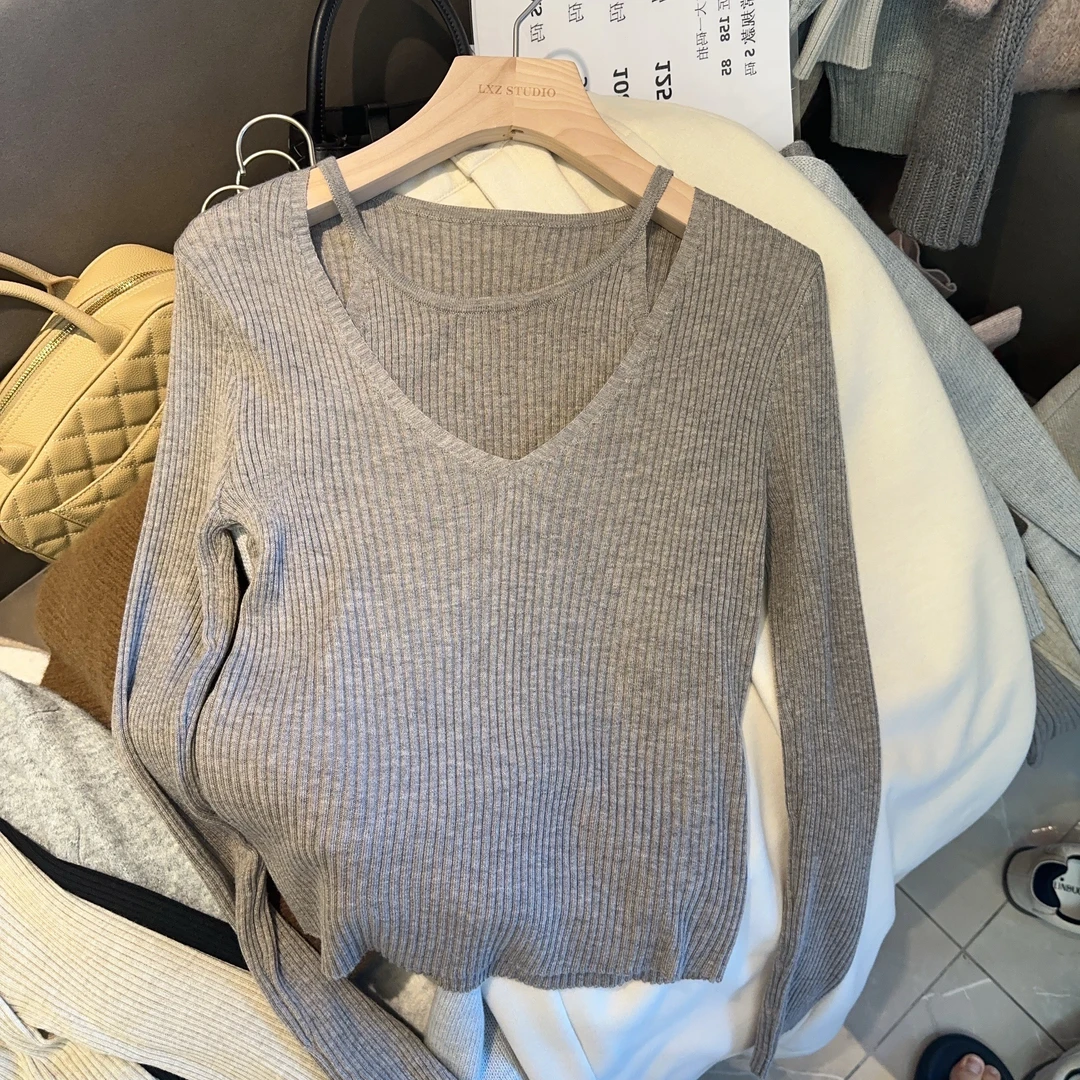 两小吱《慵懒欲风》新款秋冬假两件针织V领打底可外穿