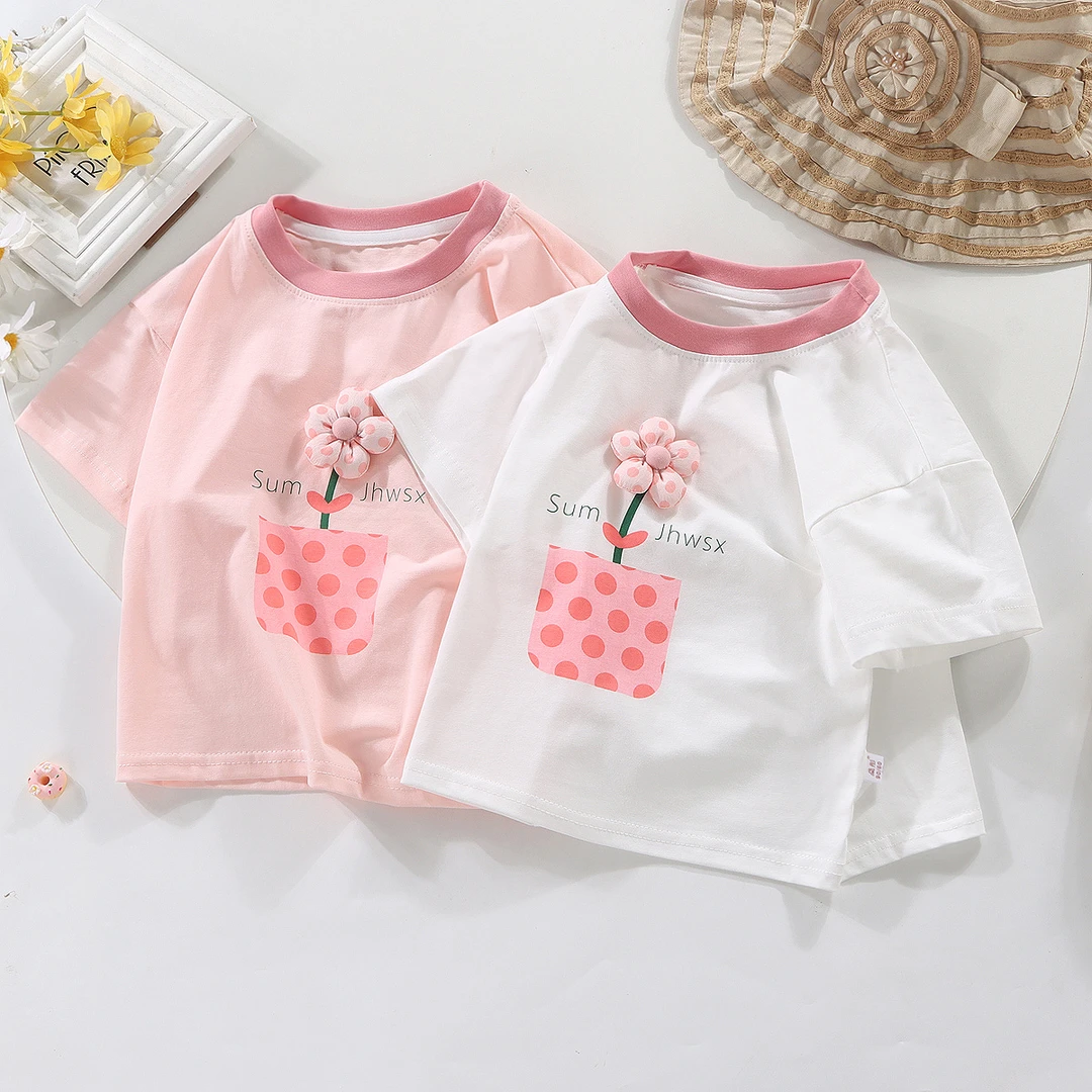 女童夏季短袖2025新款休闲洋气半袖女宝印花立体花朵短袖宝宝韩版