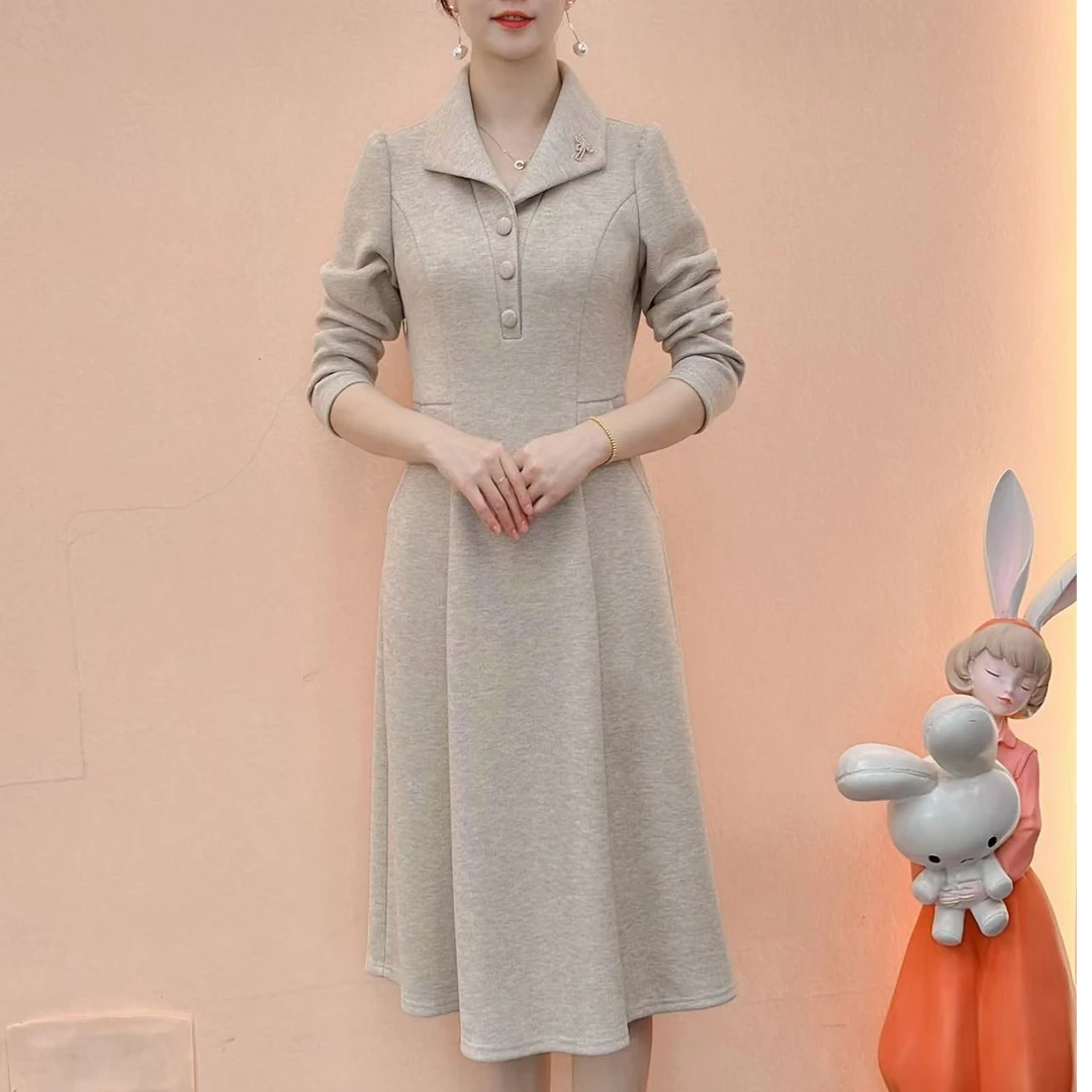 【典雅定制】秋冬新款优雅修身V领百搭显瘦高品质收腰中长款连衣裙