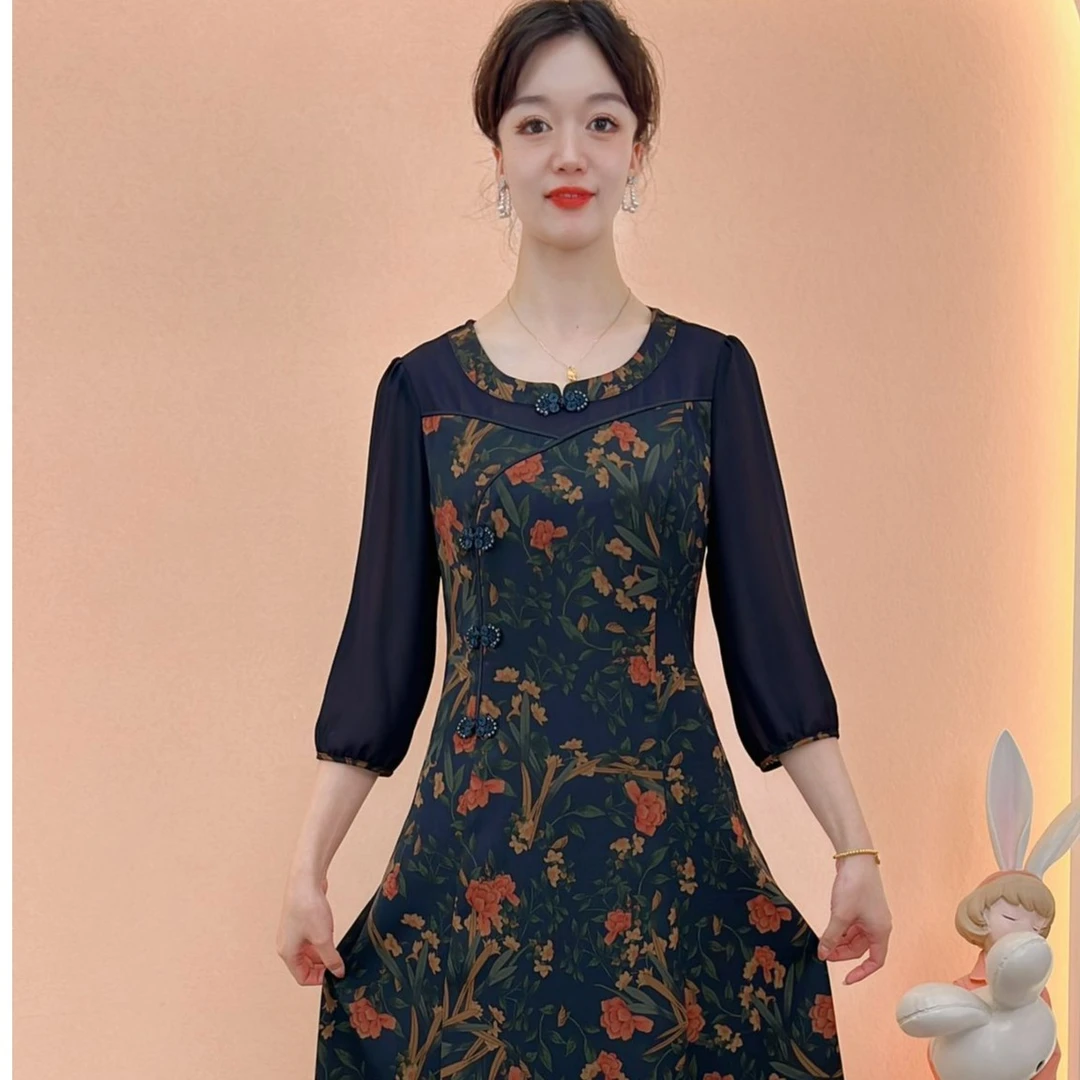 【妙妃女装】秋季新款气质时尚修身中国风优雅显瘦洋气妈妈装连衣裙