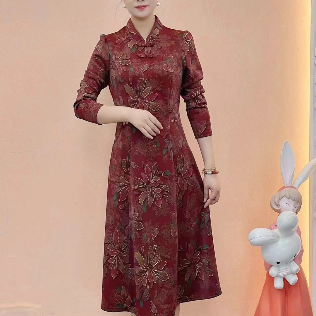 【典雅定制】早春新款修身气质显瘦复古洋气小立领妈妈装长袖连衣裙