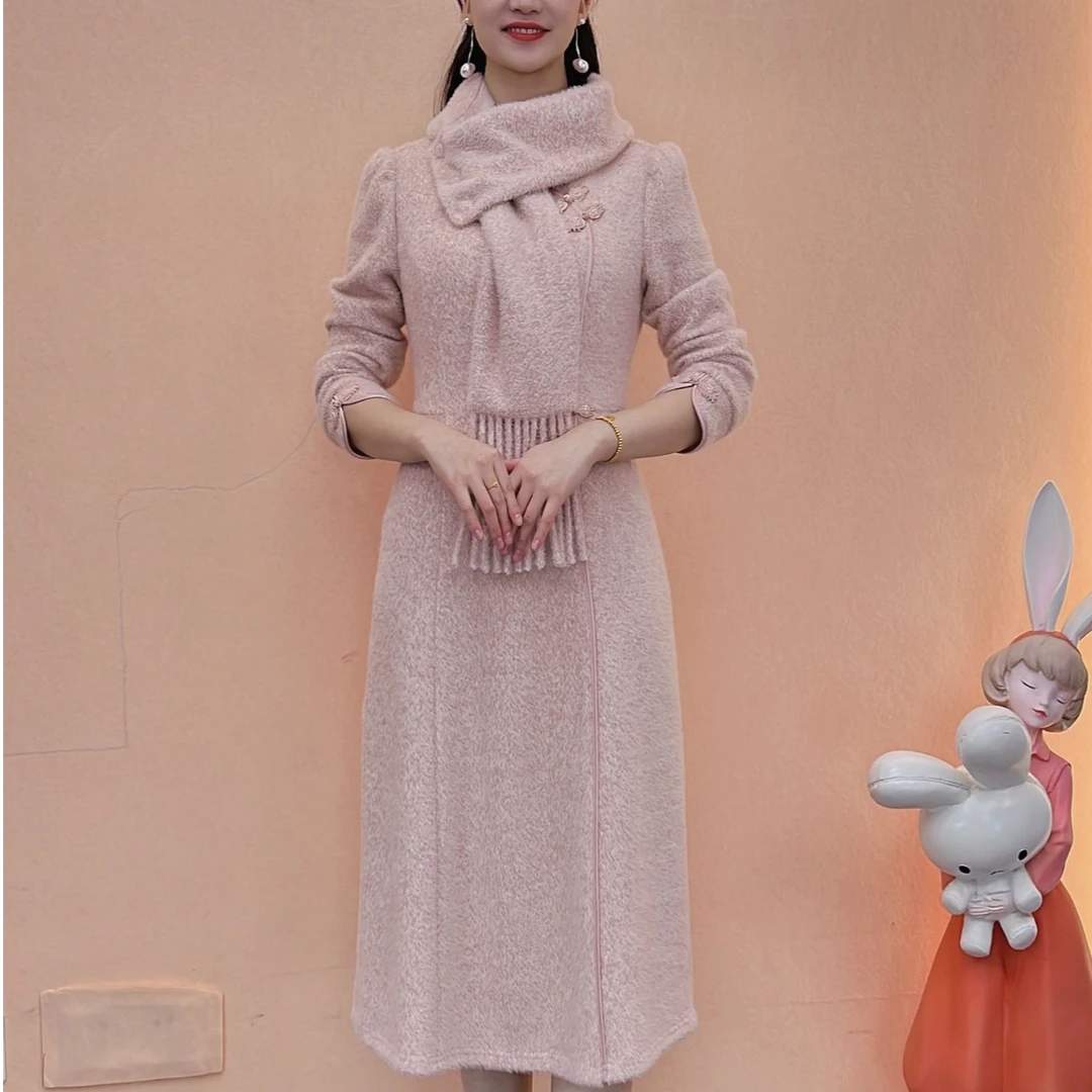 【典雅定制】秋冬新款加厚显瘦修身中长款新中式过膝连衣裙