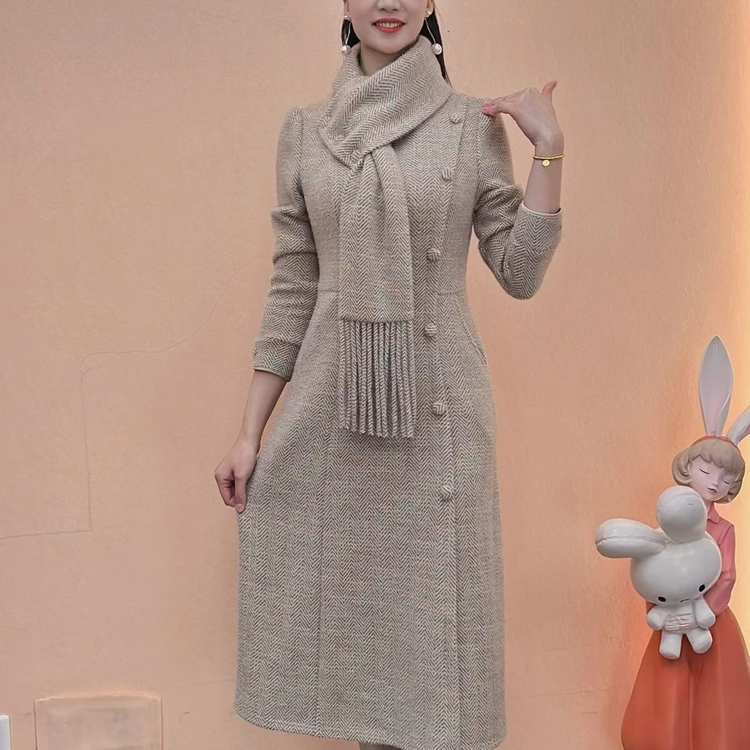 【典雅定制】冬季新款加绒时尚气质显瘦洋气加厚精致中长款连衣裙
