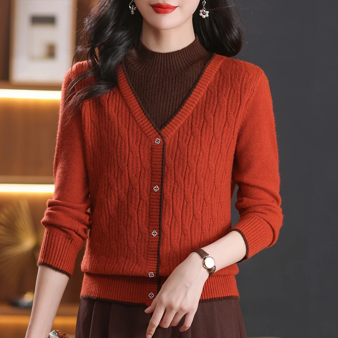 洋气假两件半高领针织衫时尚宽松加厚外穿假开衫秋冬休闲打底毛衫